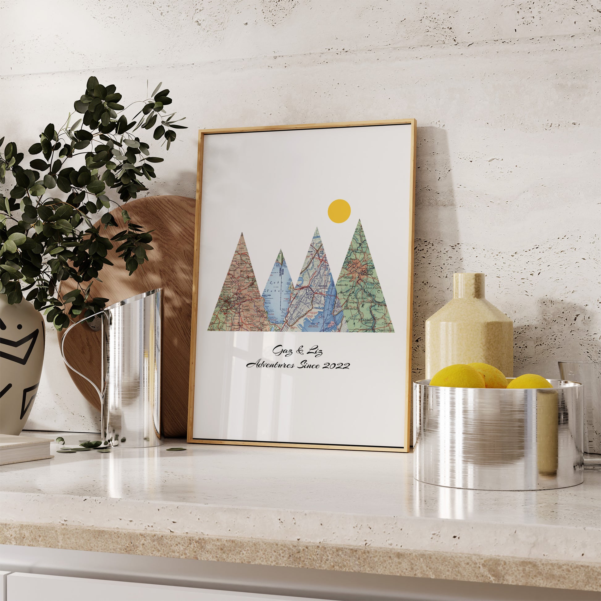 Personalised Travel Map Mountain Print 2 - 6 Locations (White) - Portrait - Magic Posters