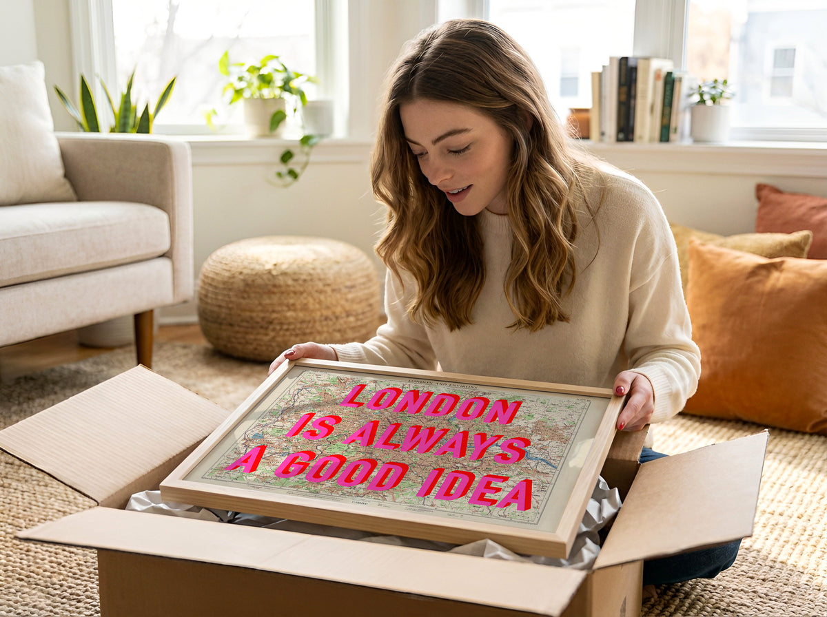Woman unboxing a framed London Is Always A Good Idea pop art map print at home