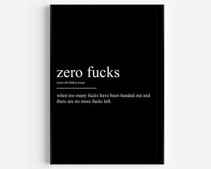 Zero Fucks Definition Print - Magic Posters