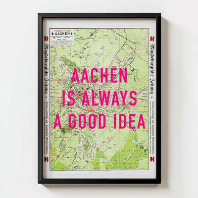 Aachen Retro Pop Art Map Print (portrait) - black frame mockup - Magic Posters