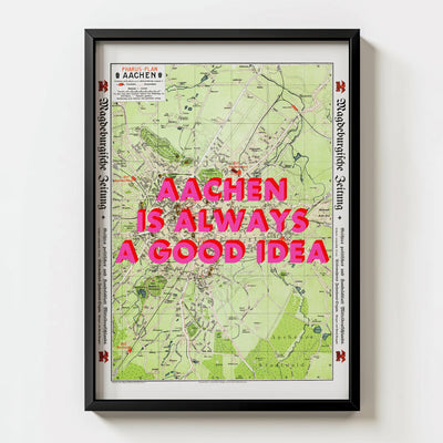Aachen Retro Pop Art Map Print (portrait) - black frame mockup - Magic Posters