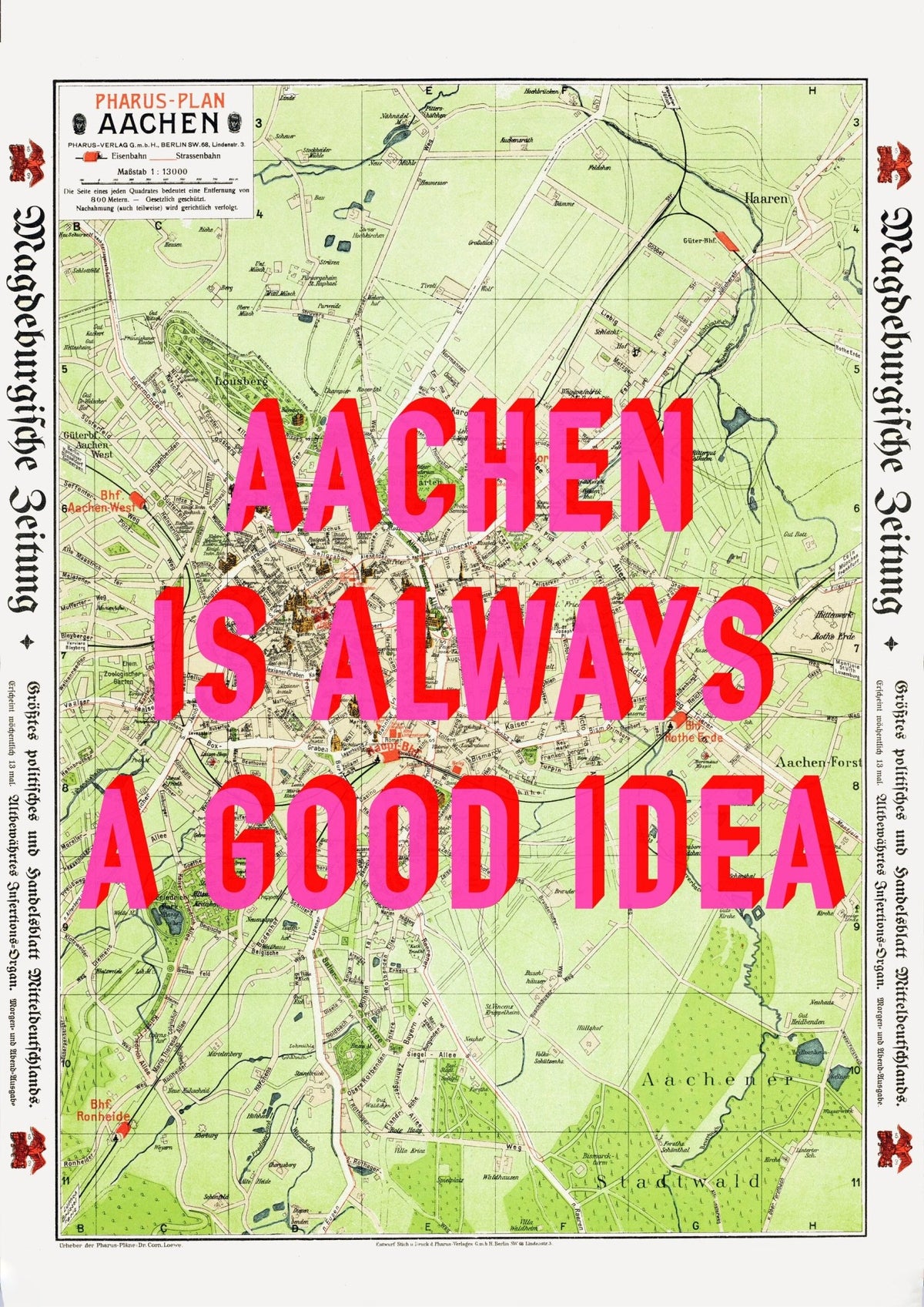 Aachen Retro Pop Art Map Print (portrait) - Magic Posters