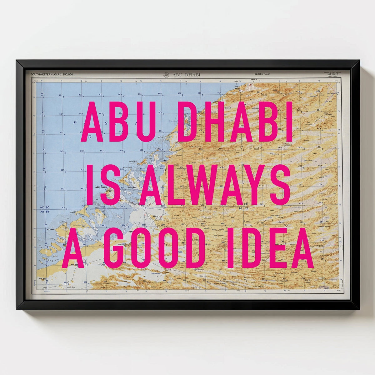 Abu Dhabi Retro Pop Art Map Print - black frame mockup - Magic Posters