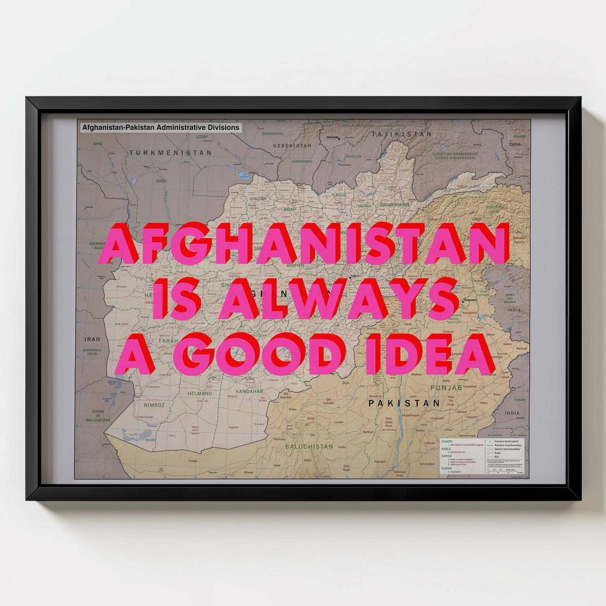 Afghanistan Retro Pop Art Map Print (landscape) - black frame mockup - Magic Posters