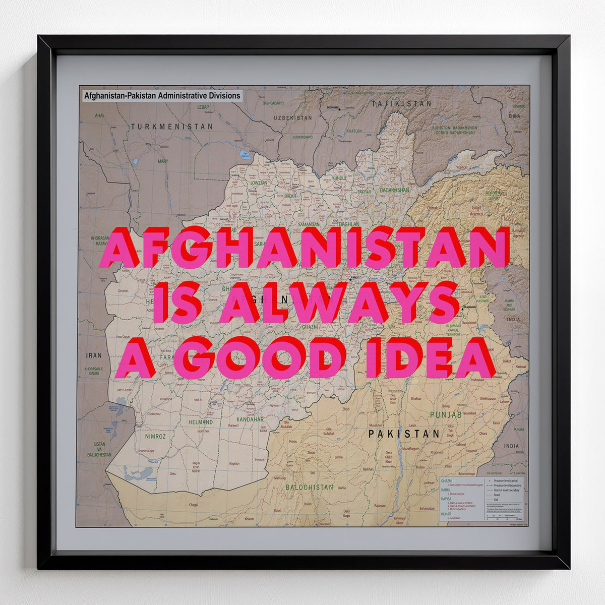 Afghanistan Retro Pop Art Map Print (square) - black frame mockup - Magic Posters