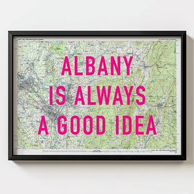 Albany Retro Pop Art Map Print (landscape) - black frame mockup - Magic Posters