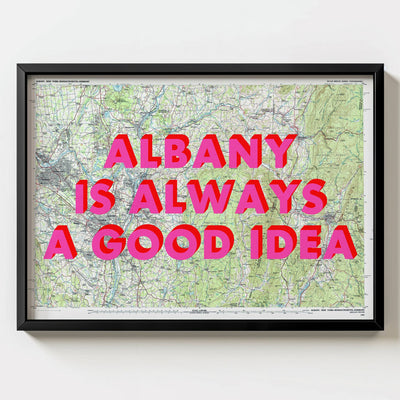 Albany Retro Pop Art Map Print (landscape) - black frame mockup - Magic Posters