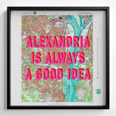 Alexandria Virginia Retro Pop Art Map Print (square) - black frame mockup - Magic Posters Bold