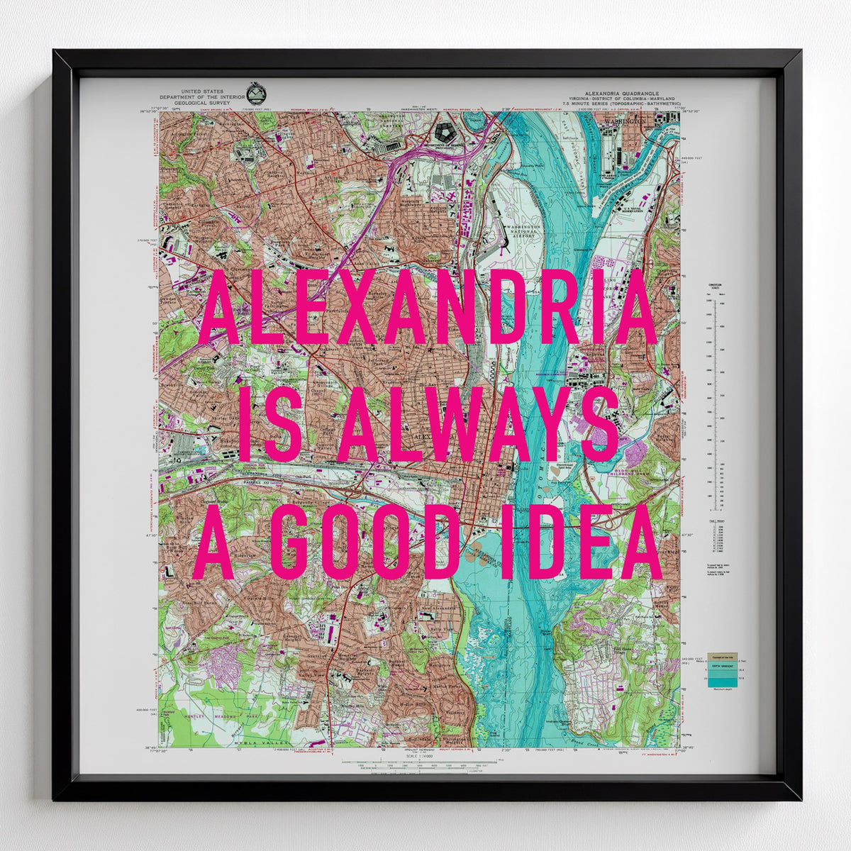 Alexandria Virginia Retro Pop Art Map Print (square) - black frame mockup - Magic Posters
