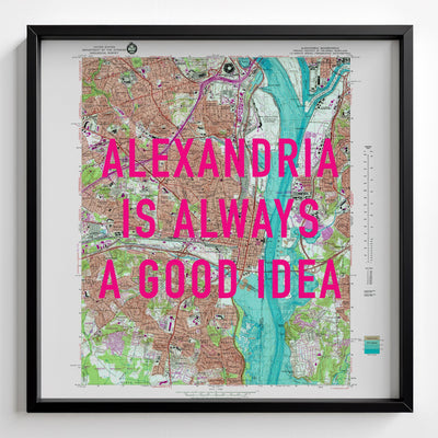 Alexandria Virginia Retro Pop Art Map Print (square) - black frame mockup - Magic Posters