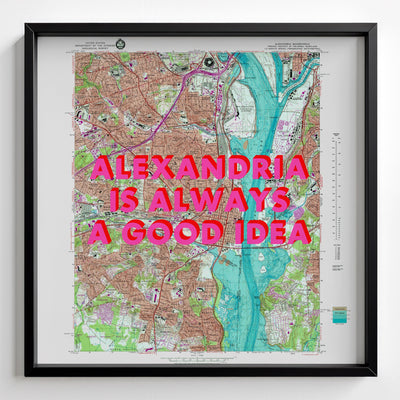 Alexandria Virginia Retro Pop Art Map Print (square) - black frame mockup - Magic Posters