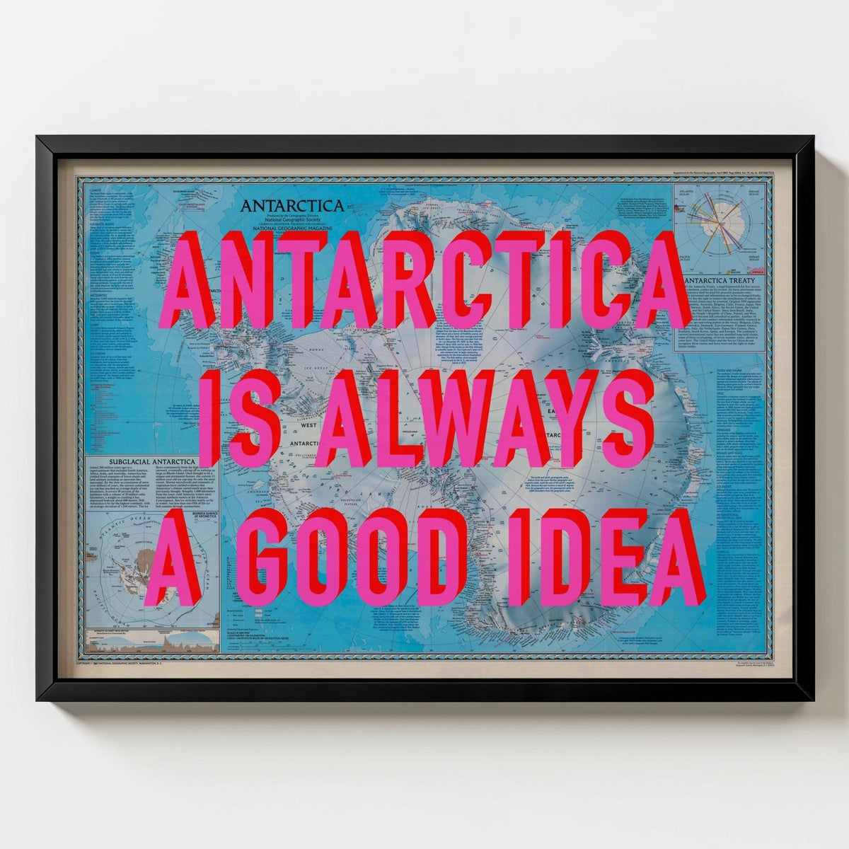 Antarctica Retro Pop Art Map Print (Landscape) - black frame mockup - Magic Posters