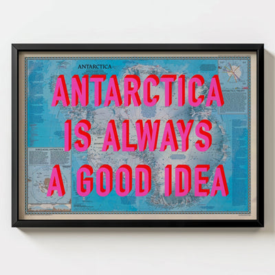 Antarctica Retro Pop Art Map Print (Landscape) - black frame mockup - Magic Posters
