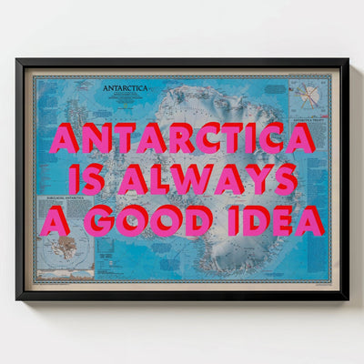 Antarctica Retro Pop Art Map Print (Landscape) - black frame mockup - Magic Posters