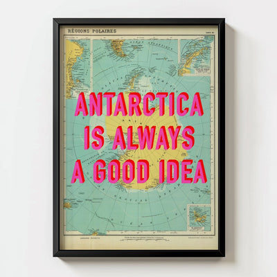 Antarctica Retro Pop Art Map Print (Portrait) - black frame mockup - Magic Posters