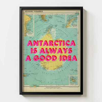 Antarctica Retro Pop Art Map Print (Portrait) - black frame mockup - Magic Posters