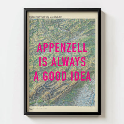Appenzell Retro Pop Art Map Print (portrait) - black frame mockup - Magic Posters
