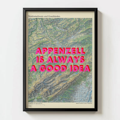 Appenzell Retro Pop Art Map Print (portrait) - black frame mockup - Magic Posters