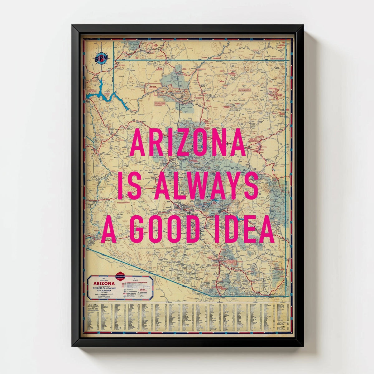 Arizona Retro Pop Art Map Print (portrait) - black frame mockup - Magic Posters