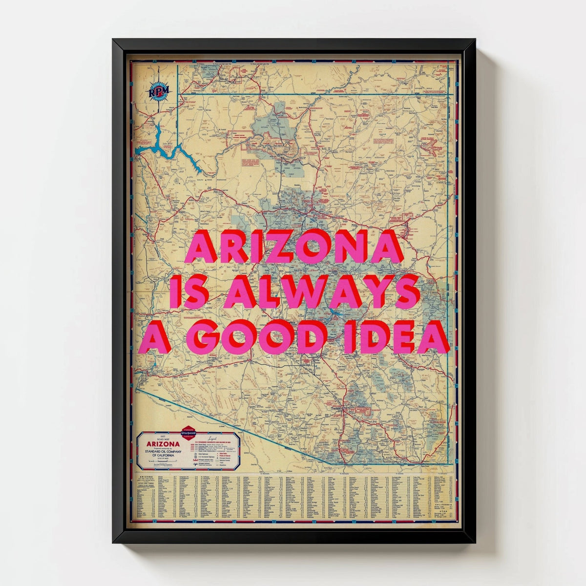 Arizona Retro Pop Art Map Print (portrait) - black frame mockup - Magic Posters