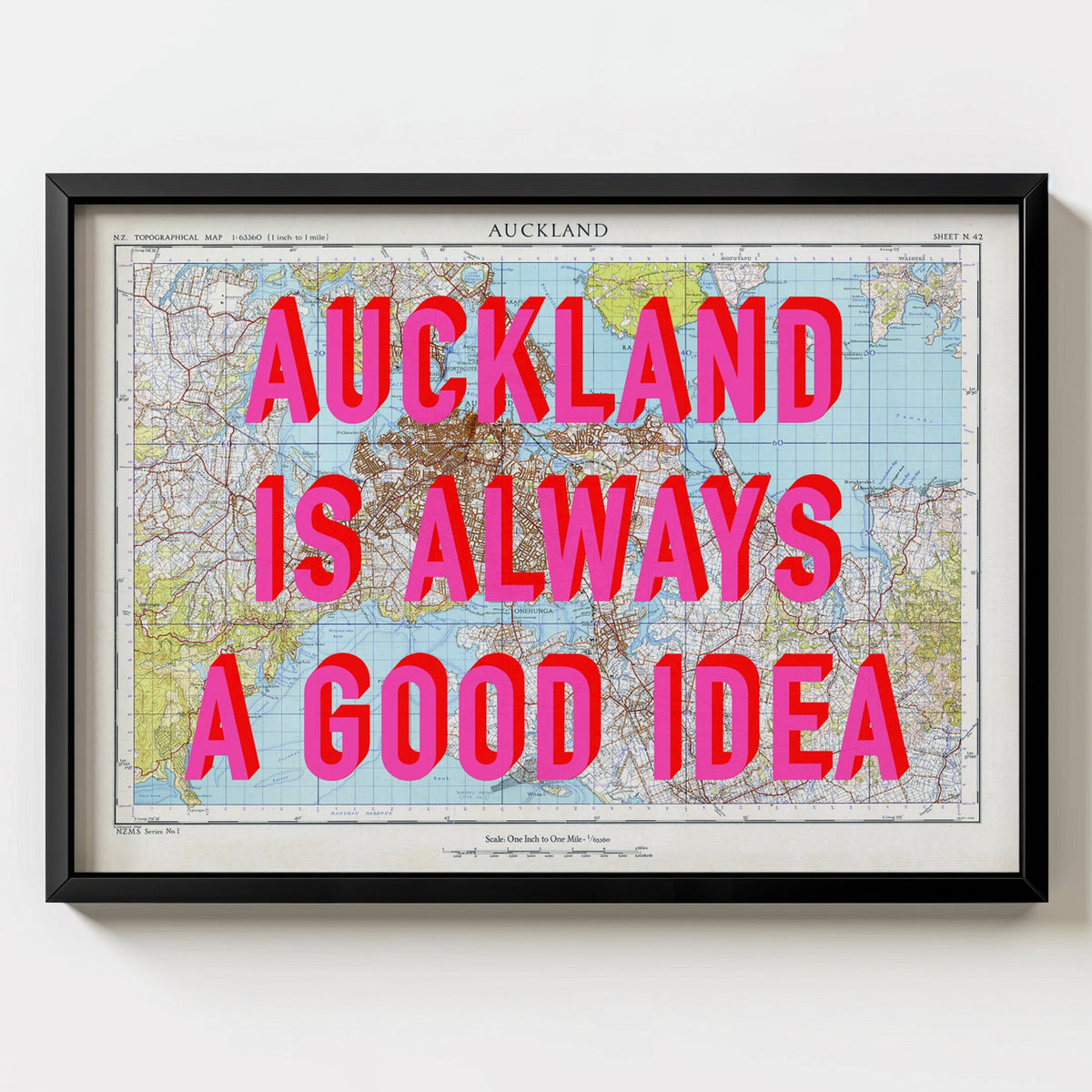 Auckland Retro Pop Art Map Print (landscape) - black frame mockup - Magic Posters Bold