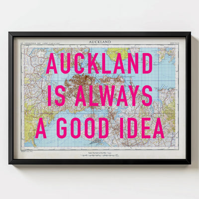 Auckland Retro Pop Art Map Print (landscape) - black frame mockup - Magic Posters