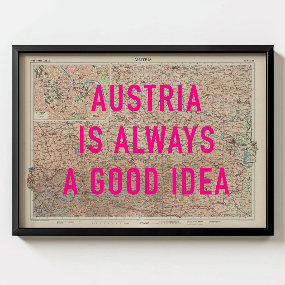 Austria Retro Pop Art Map Print (landscape) - black frame mockup - Magic Posters