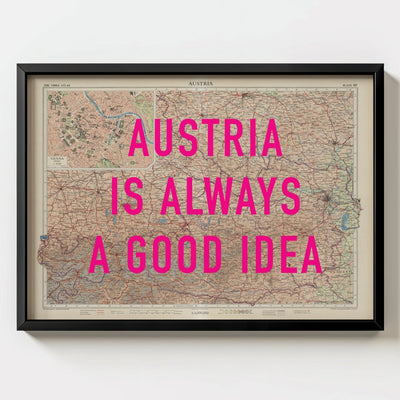 Austria Retro Pop Art Map Print (landscape) - black frame mockup - Magic Posters