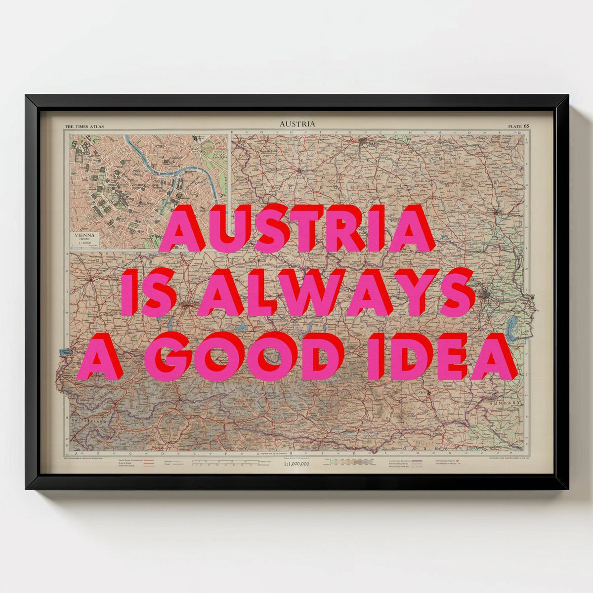 Austria Retro Pop Art Map Print (landscape) - black frame mockup - Magic Posters