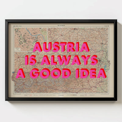 Austria Retro Pop Art Map Print (landscape) - black frame mockup - Magic Posters