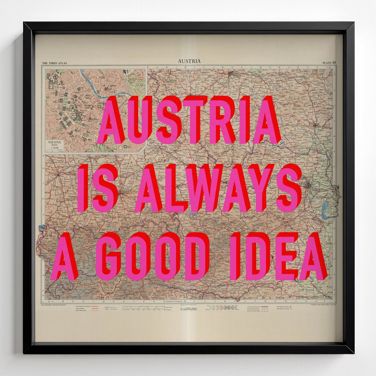 Austria Retro Pop Art Map Print (square) - black frame mockup - Magic Posters