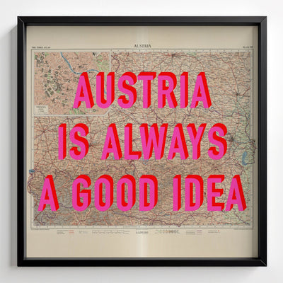 Austria Retro Pop Art Map Print (square) - black frame mockup - Magic Posters