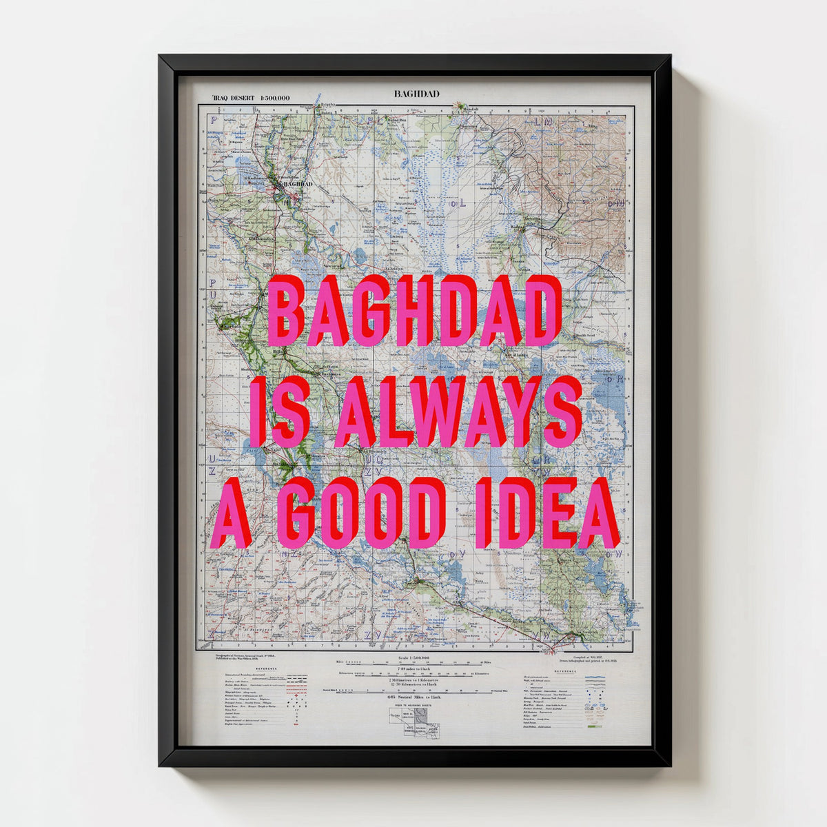 Baghdad Retro Pop Art Map Print (portrait) - black frame mockup - Magic Posters Bold