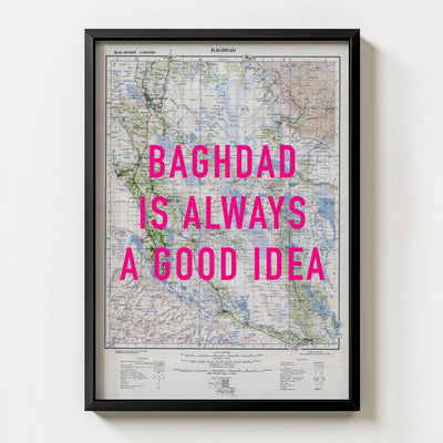 Baghdad Retro Pop Art Map Print (portrait) - black frame mockup - Magic Posters