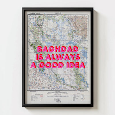 Baghdad Retro Pop Art Map Print (portrait) - black frame mockup - Magic Posters