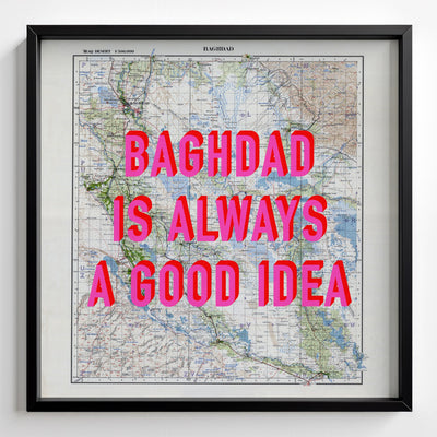 Baghdad Retro Pop Art Map Print (square) - black frame mockup - Magic Posters Bold