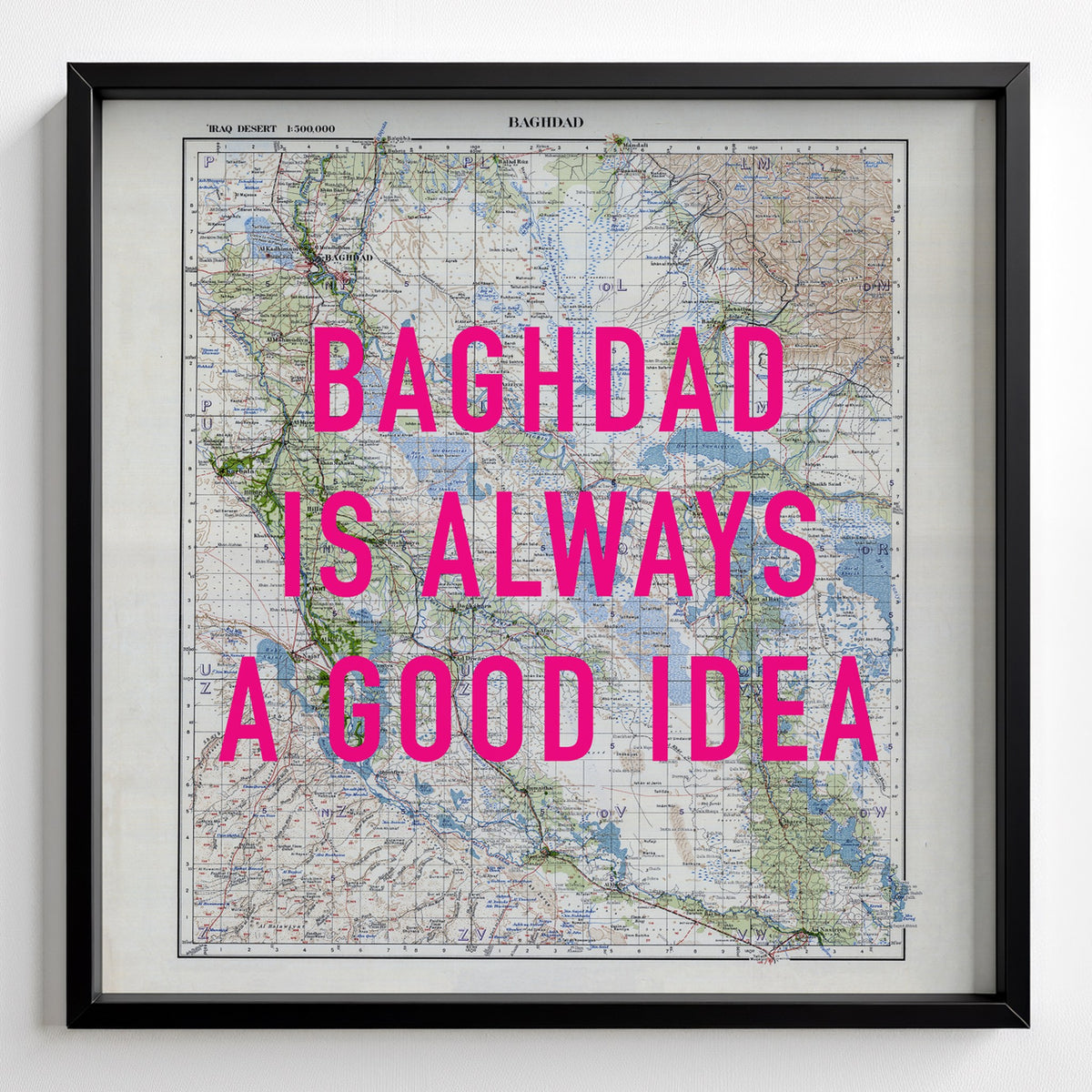 Baghdad Retro Pop Art Map Print (square) - black frame mockup - Magic Posters