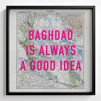 Baghdad Retro Pop Art Map Print (square) - black frame mockup - Magic Posters