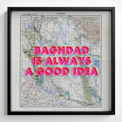 Baghdad Retro Pop Art Map Print (square) - black frame mockup - Magic Posters