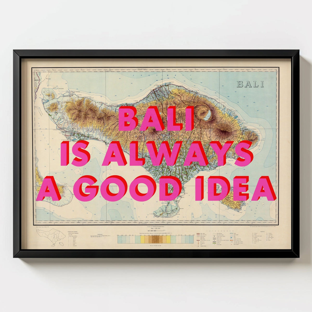 Bali Retro Pop Art Map Print - black frame mockup - Magic Posters