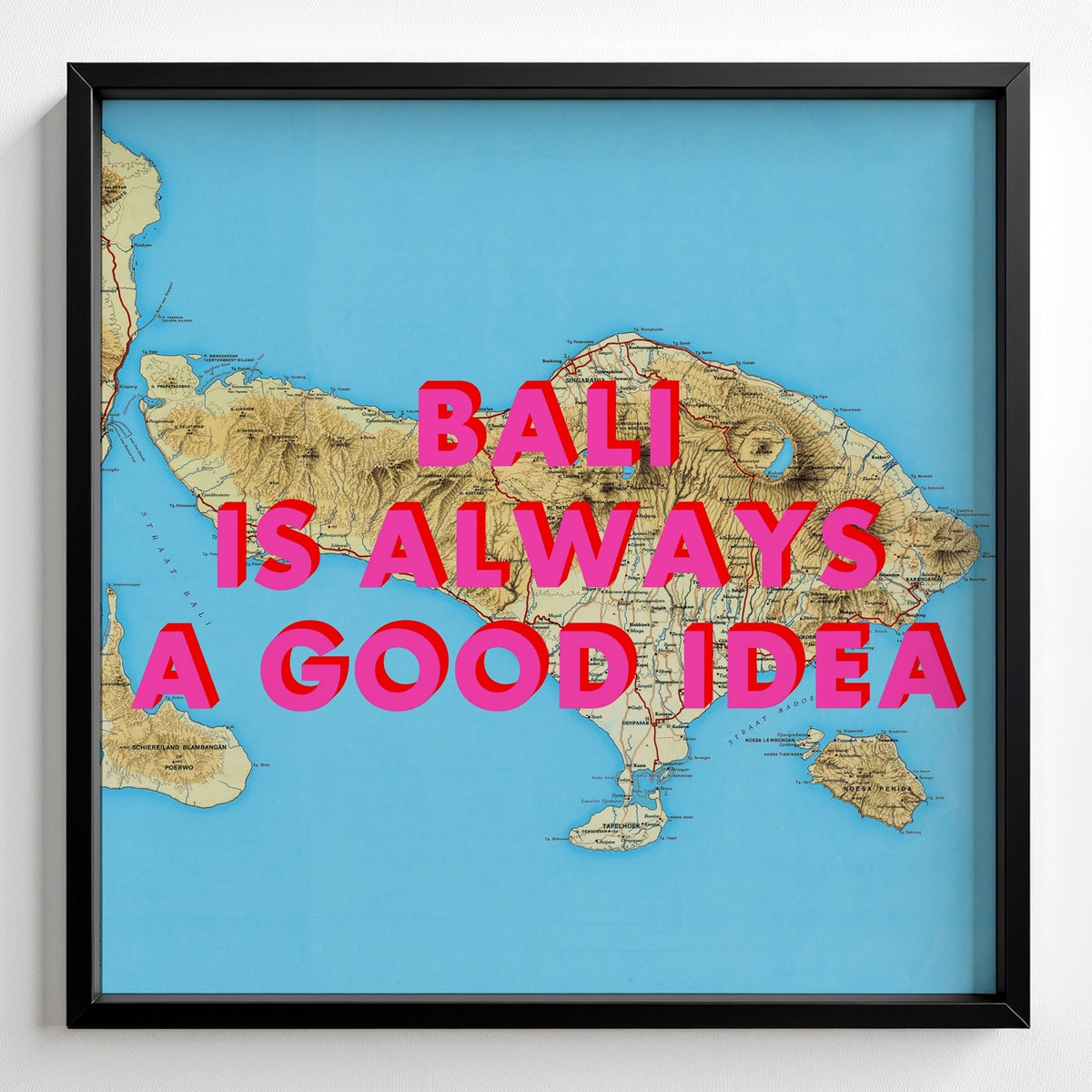 Bali Retro Pop Art Map Print (square) - black frame mockup - Magic Posters