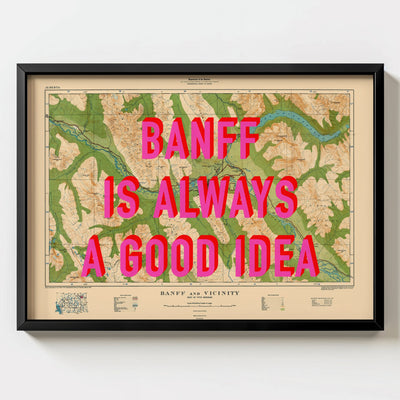 Banff Retro Pop Art Map Print (landscape) - black frame mockup - Magic Posters Bold