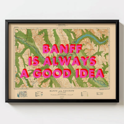 Banff Retro Pop Art Map Print (landscape) - black frame mockup - Magic Posters