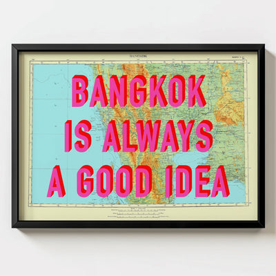 Bangkok Retro Pop Art Map Print (landscape) - black frame mockup - Magic Posters Bold