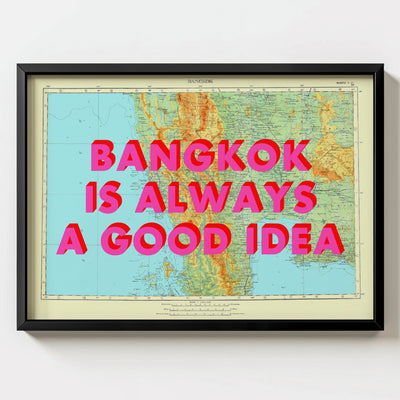 Bangkok Retro Pop Art Map Print (landscape) - black frame mockup - Magic Posters