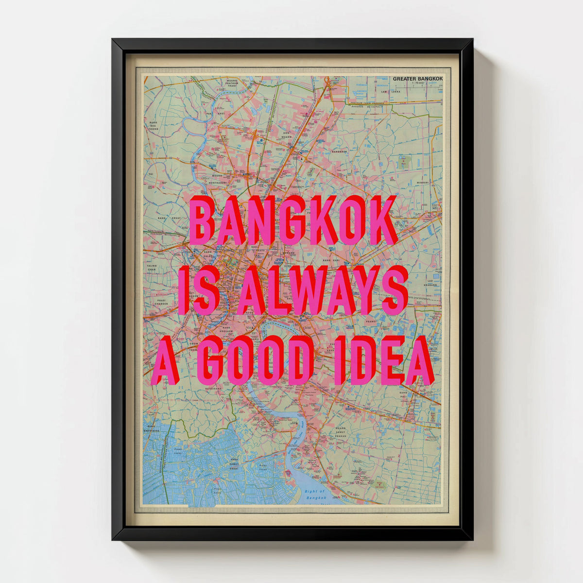Bangkok Retro Pop Art Map Print (portrait) - black frame mockup - Magic Posters Bold