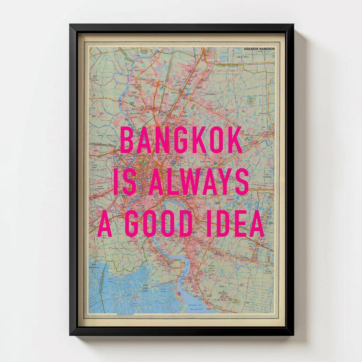 Bangkok Retro Pop Art Map Print (portrait) - black frame mockup - Magic Posters