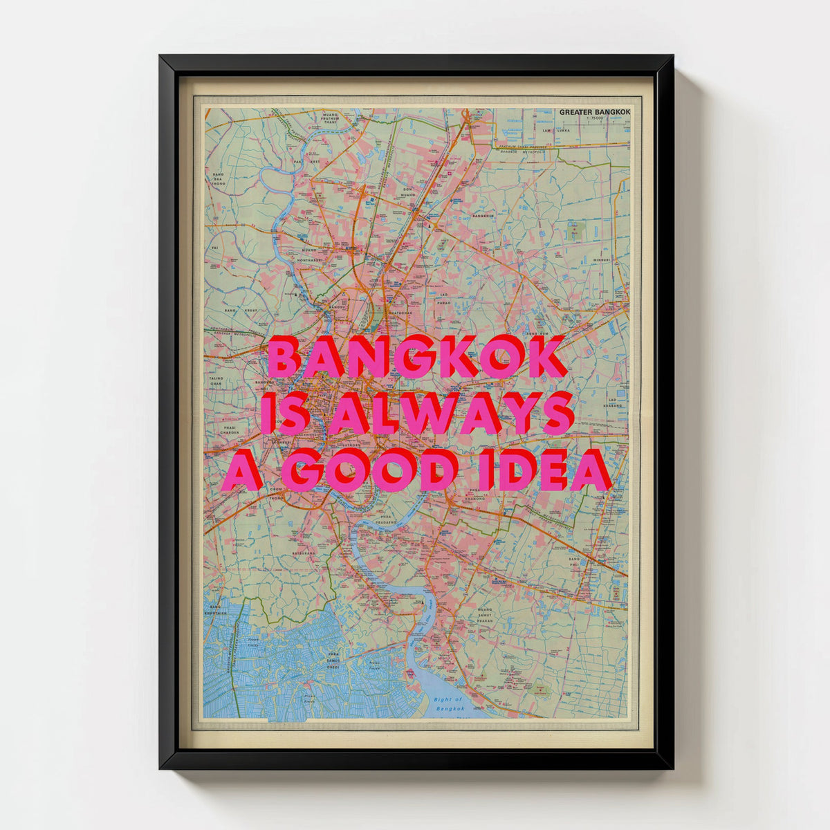 Bangkok Retro Pop Art Map Print (portrait) - black frame mockup - Magic Posters