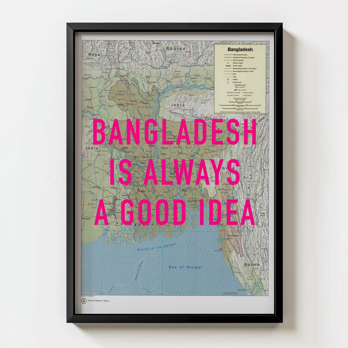 Bangladesh Retro Pop Art Map Print (portrait) - black frame mockup - Magic Posters
