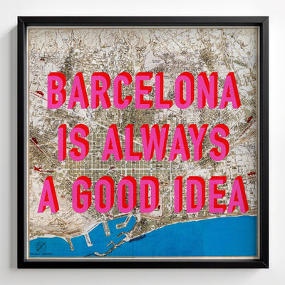 Barcelona Retro Pop Art Map Print (square) - black frame mockup - Magic Posters